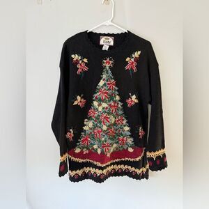VTG TIARA Christmas Tree Sweater Multi Color Knit Elegant Black Gold Red S M